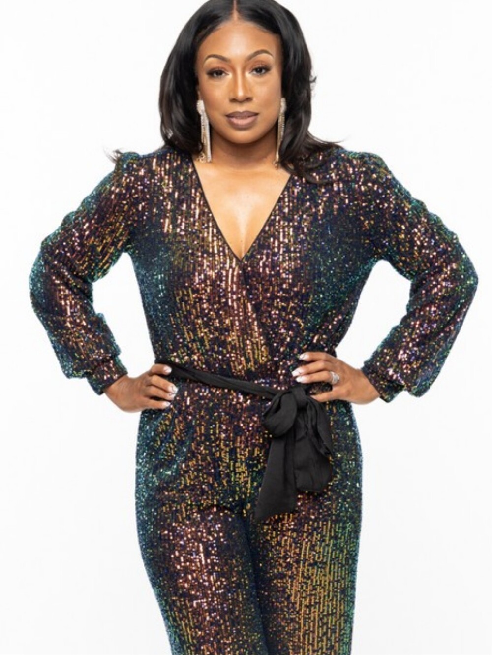 GeeGee black rainbow sequin jumpsuit iridescent metallic party women's 1X NWT